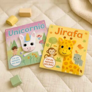 Pack DivertidEDOS Unicornio y Jirafa sobre alfombra de gateo, libros con marioneta de dedo para bebés desde 1 año